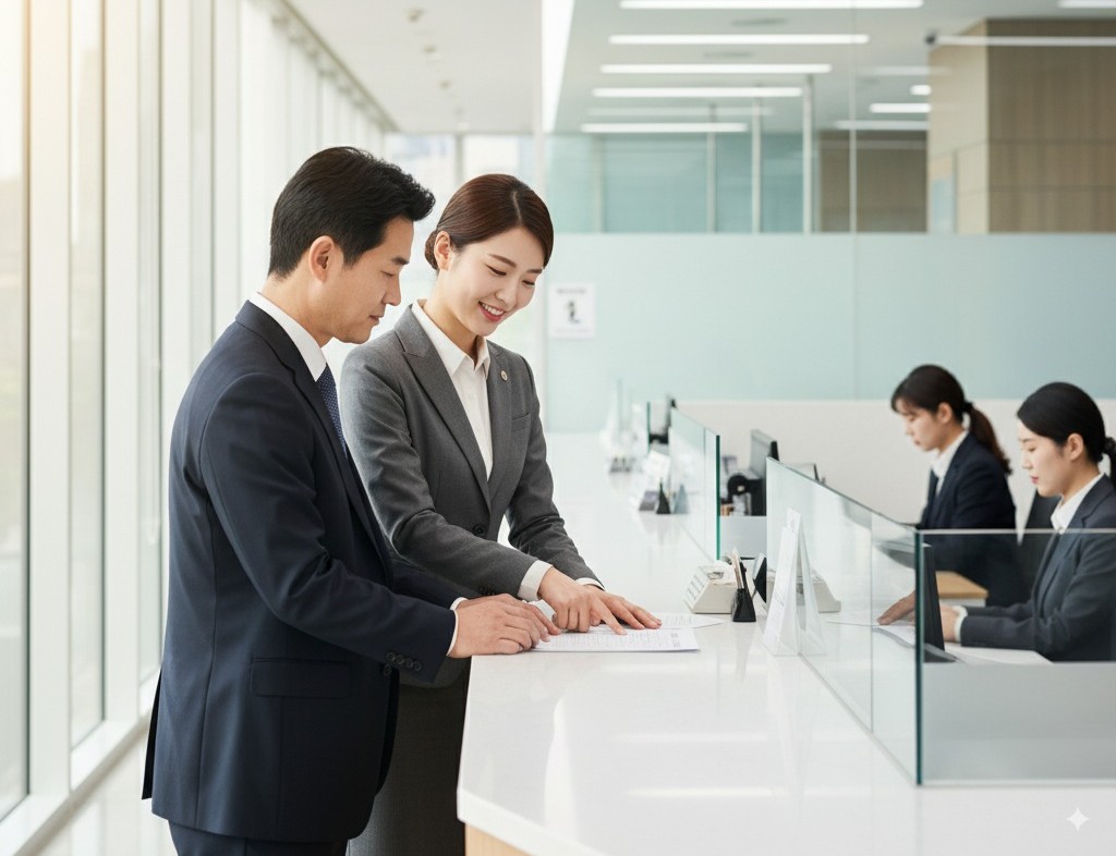 한국인 은행원이 고객에게 예금 상품을 안내하는 장면 한국인 은행원이 고객에게 예금 상품을 안내하는 장면