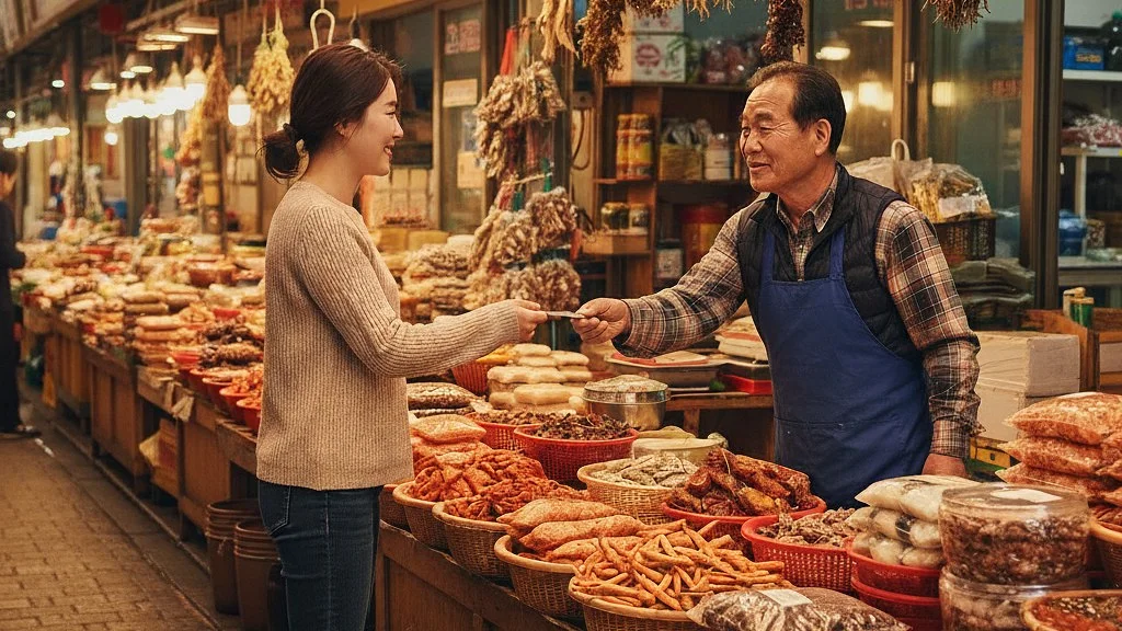 전통시장에서 한국인 여성이 상인에게 신용카드로 결제하는 장면 전통시장에서 한국인 여성이 상인에게 신용카드로 결제하는 장면