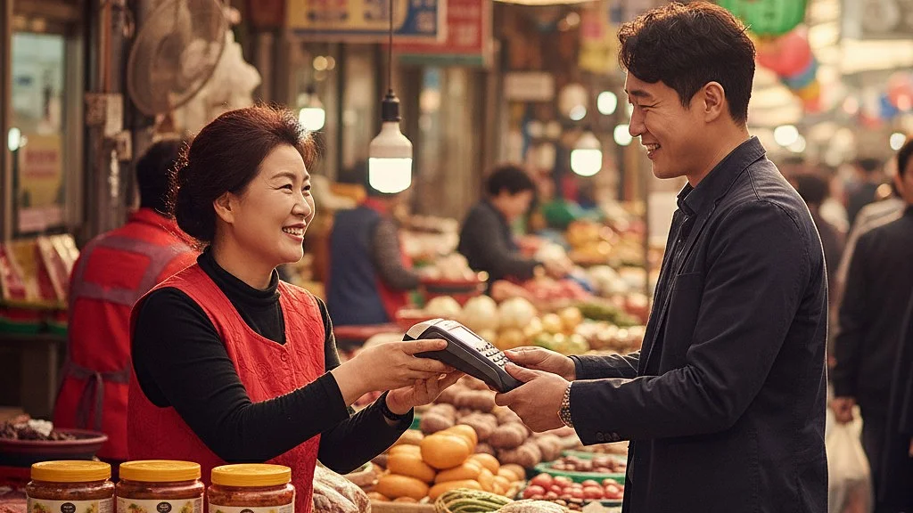 소상공인 매장에서 카드 결제하는 고객과 상인 소상공인 매장에서 카드 결제하는 고객과 상인