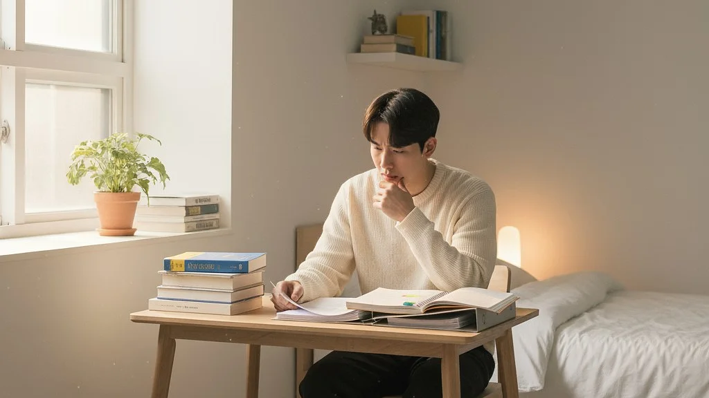 창가 책상에 앉아 책과 서류를 살펴보며 미래에 대해 깊은 생각에 잠긴 20대 남성
