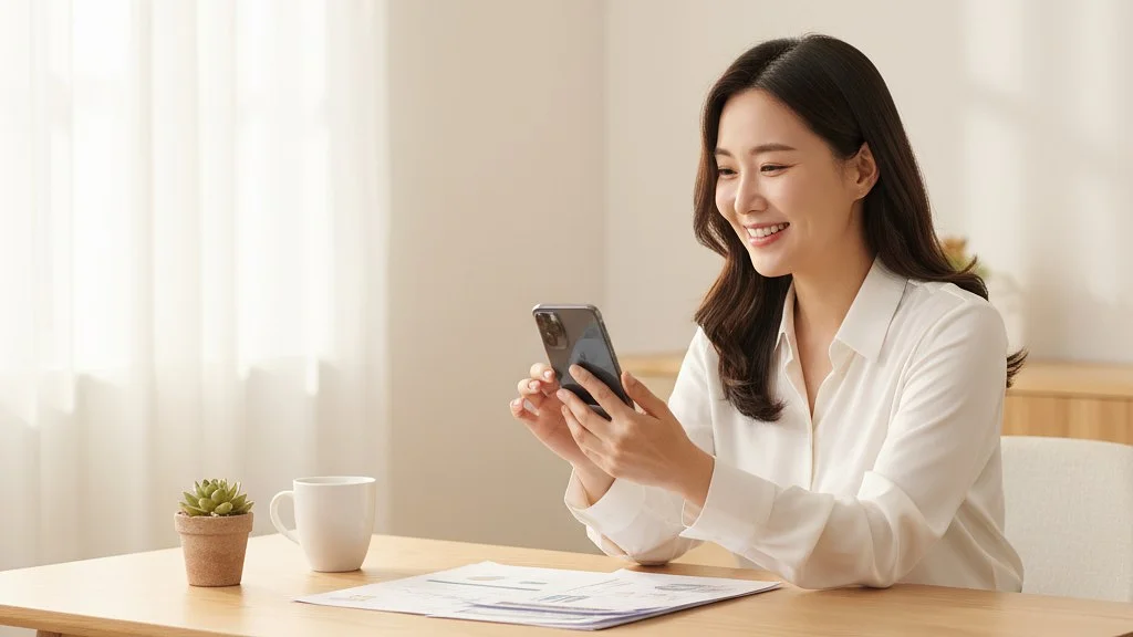 밝은 공간에서 흰 셔츠를 입은 여성이 미소 지으며 스마트폰을 사용하고 있다. 책상 위에는 작은 화분과 컵, 서류가 놓여 있다. 밝은 공간에서 흰 셔츠를 입은 여성이 미소 지으며 스마트폰을 사용하고 있다. 책상 위에는 작은 화분과 컵, 서류가 놓여 있다.