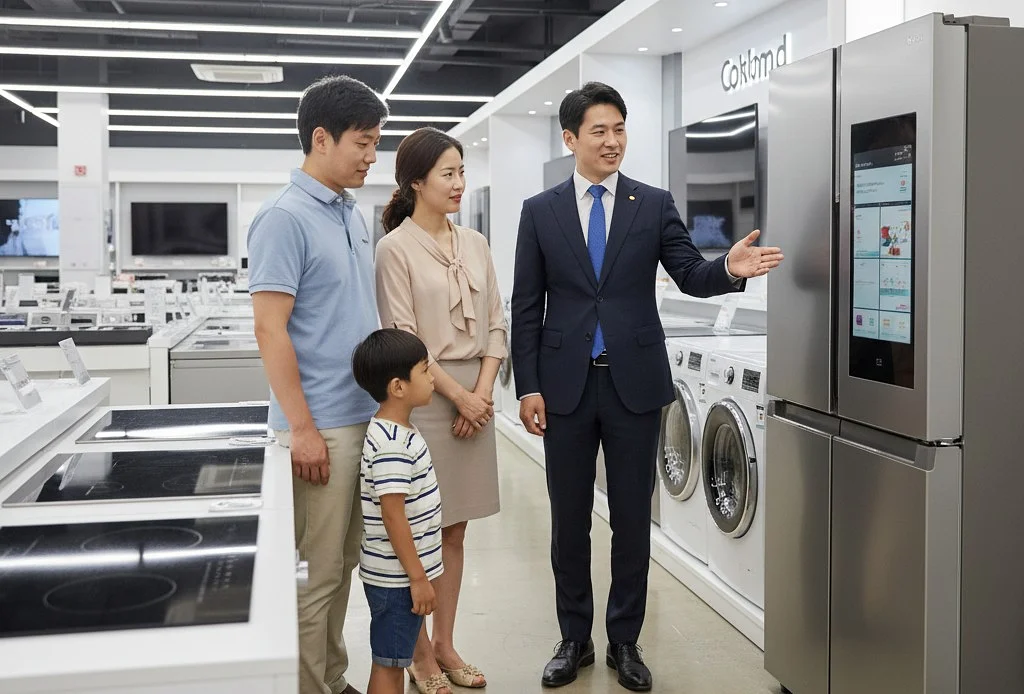 전자제품 매장에서 가족이 판매원에게 스마트 냉장고 설명을 듣는 모습