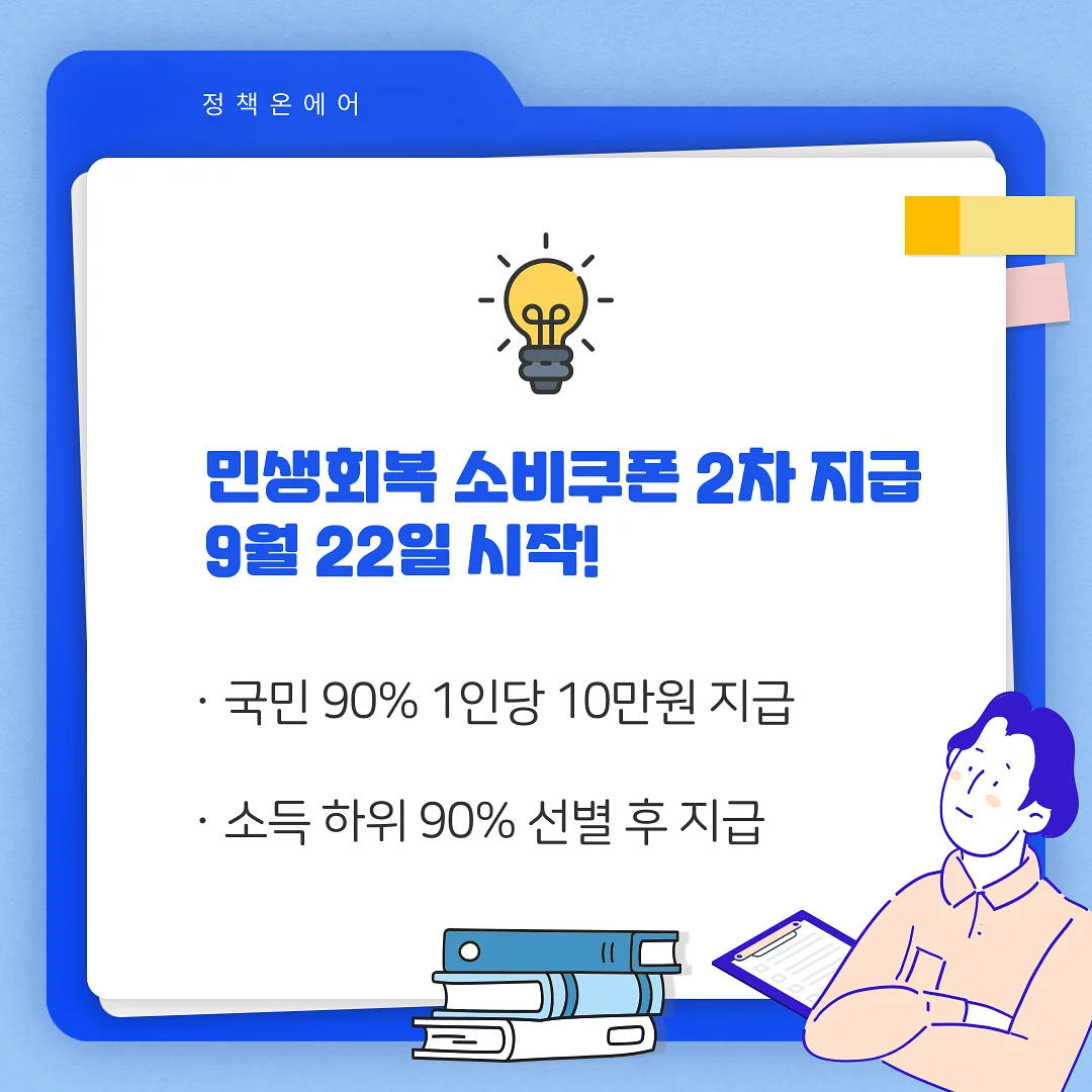 파란색 배경의 정보 그래픽. 빛나는 전구 아이콘과 '민생회복 소비쿠폰 2차 지급 9월 22일 시작!' 문구, 10만원 지급 내용을 설명하며... 파란색 배경의 정보 그래픽. 빛나는 전구 아이콘과 '민생회복 소비쿠폰 2차 지급 9월 22일 시작!' 문구, 10만원 지급 내용을 설명하며...