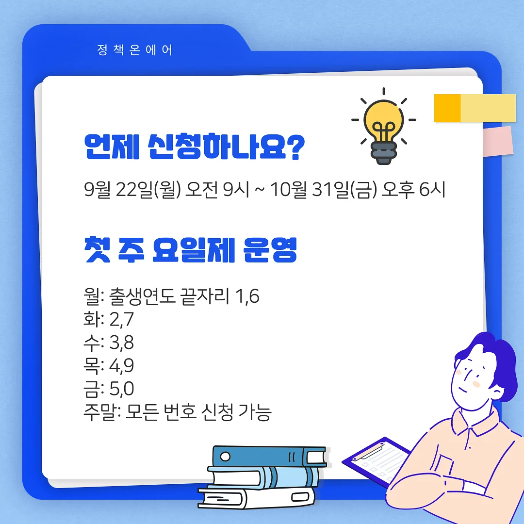 민생회복 소비쿠폰 2차 지급: 신청 기간과 요일제 상세 안내 소비쿠폰 신청 기간과 첫 주 요일별 신청 요건을 안내하는 인포그래픽. 9월 22일부터 10월 31일까지의 신청 기간과 출생연도 끝자리에 따...